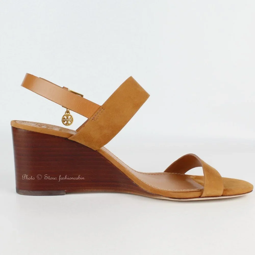 NEW Tory Burch Mini Benton Wedged Suede Leather Sandals, Ambra, US 10